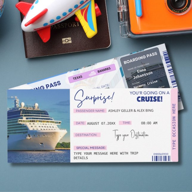 Invitación Editable Cruise Ticket Surprise Boarding Pass (Cruise Surprise Boarding Pass | Cruise Vacation Editable Cruise Ticket Template )