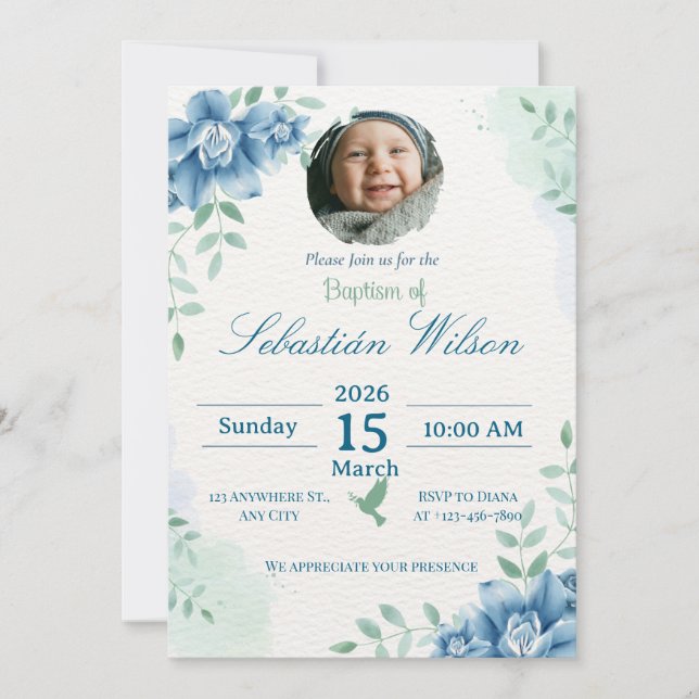 Invitación Editable Cute Baby Boy Baptism (Anverso)