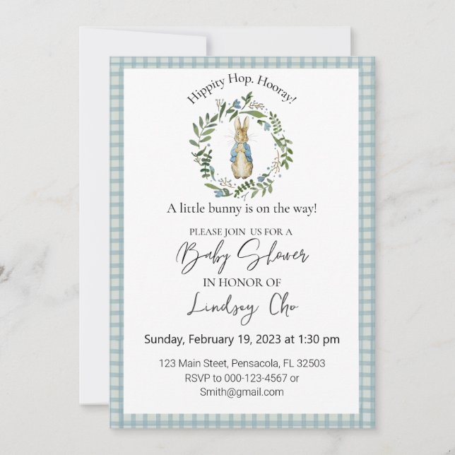 Invitación editable de Baby Shower de Peter Rabbit (Anverso)