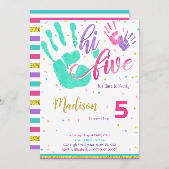 Invitación editable de cinco cumpleaños (Anverso / Reverso)