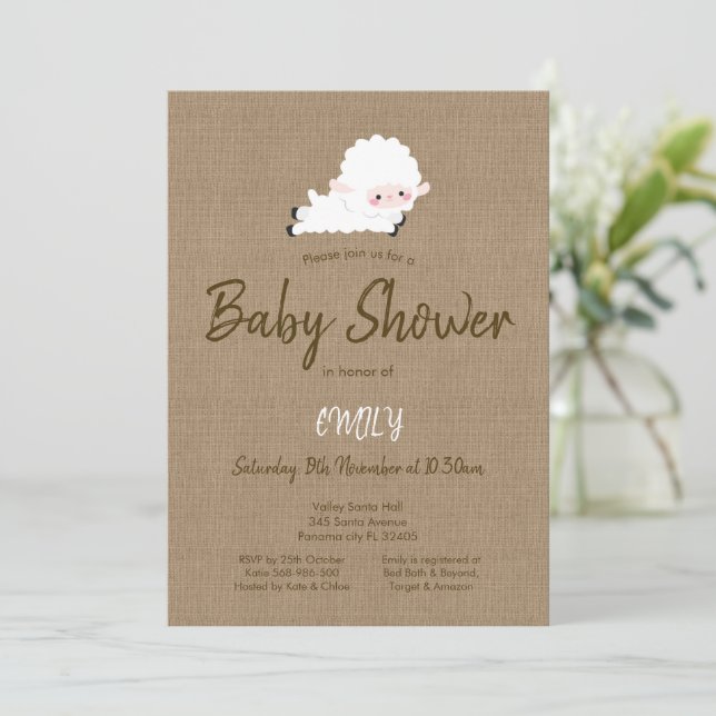 Invitación editable de cordero, Baby Shower de cor (Anverso de pie)