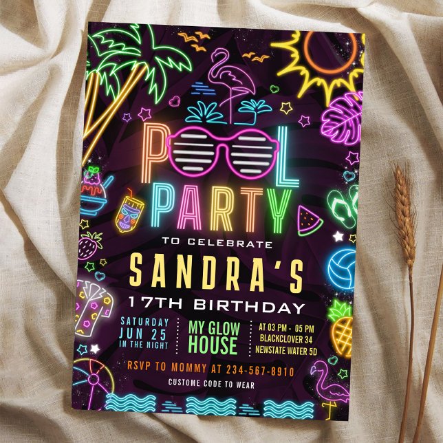 Invitación editable de cumpleaños 17 Glow Party en (Pool Party Birthday Invitation)