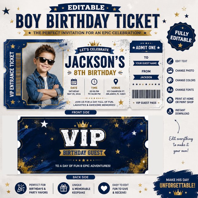 Invitación editable de cumpleaños de niño con foto (Subido por el creador)