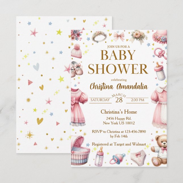 Invitación Editable de Cumpleaños para Bebé Niña V (Anverso / Reverso)
