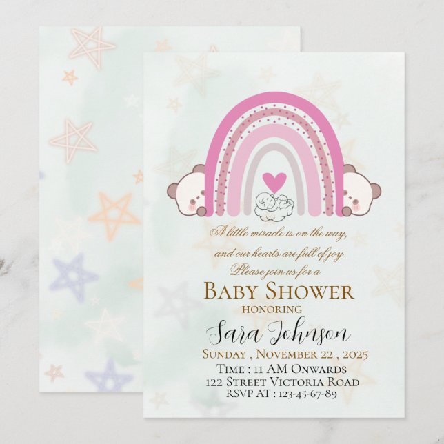 Invitación editable de ducha de bebé arcoíris boho (Anverso / Reverso)