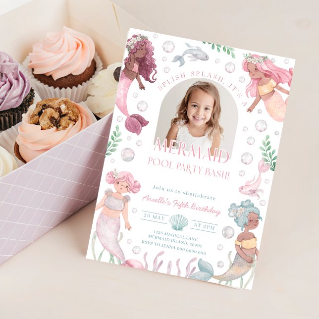 Invitación editable de fiesta de piscina con siren (Editable Mermaid Pool Party Invite. Splish Splash Invitation
)