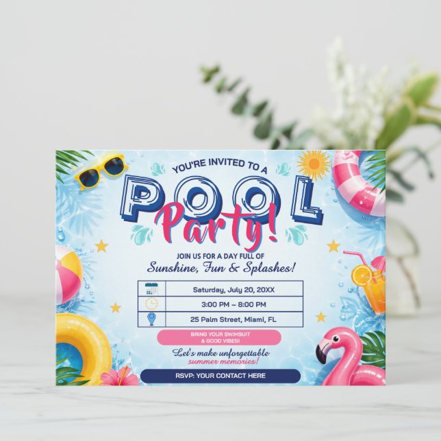Invitación editable de fiesta de piscina de verano (Anverso de pie)
