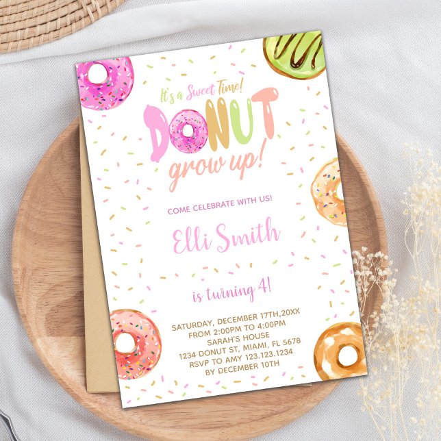 Invitación editable de Fiesta dulce para Chicas (Pastel Pink Donut Birthday Invitations)