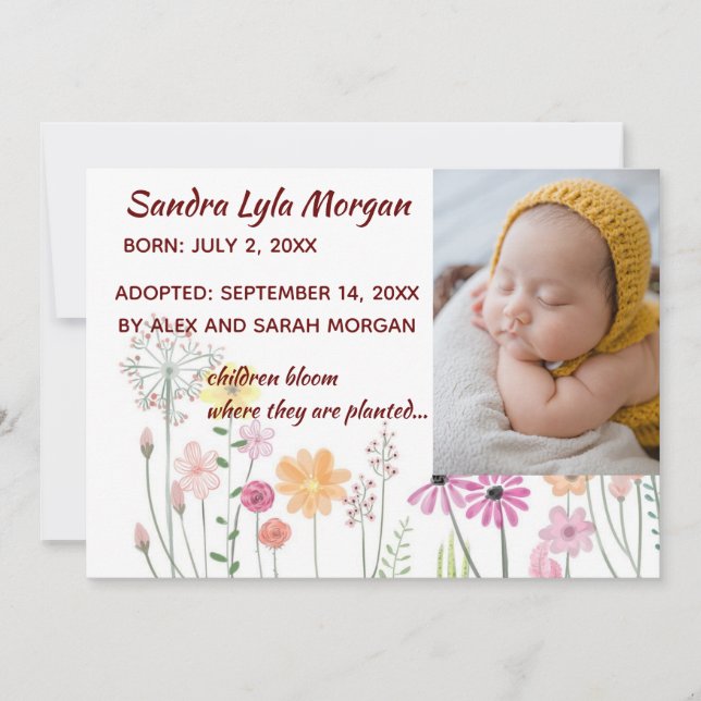Invitación editable de fotografía de adopción flor (Anverso)
