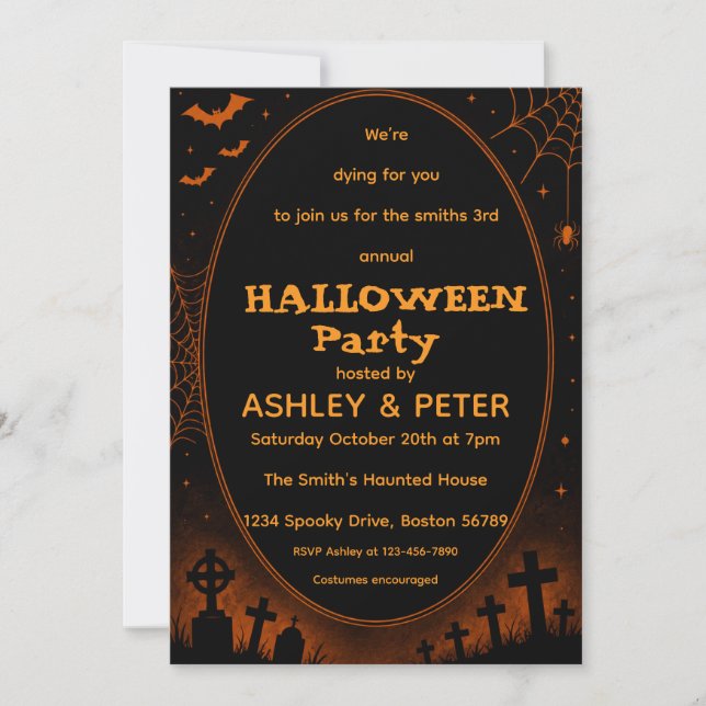 Invitación editable de Halloween de negro y naranj (Anverso)