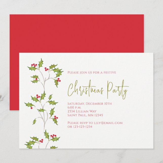Invitación editable de Holiday Holly (Anverso / Reverso)