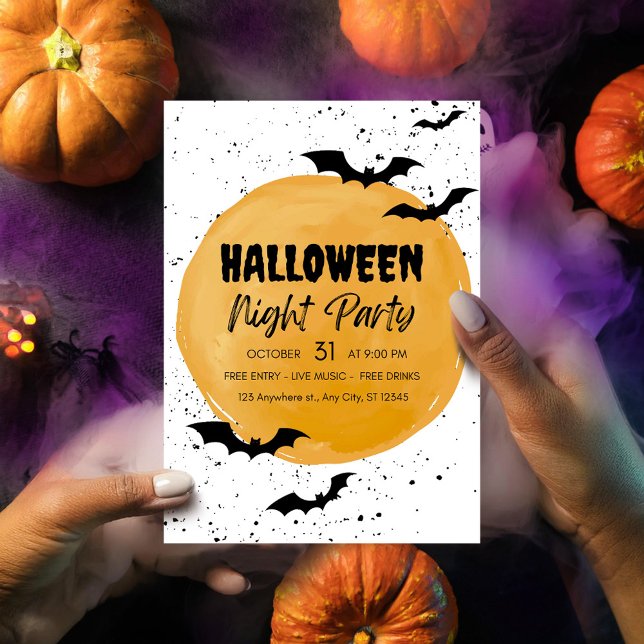 Invitación editable de la fiesta de Halloween Blac (black halloween bats night party invate orange creepy scary pumpkins)