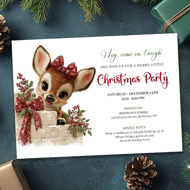 Invitación editable de Navidad con ciervo curioso (Cute peeking reindeer Xmas invite editable file)