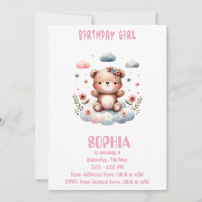 Invitación Editable de Oso de Peluche para Cumplea (Anverso)