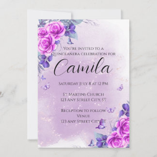 Invitación editable de Quinceañera floral púrpura