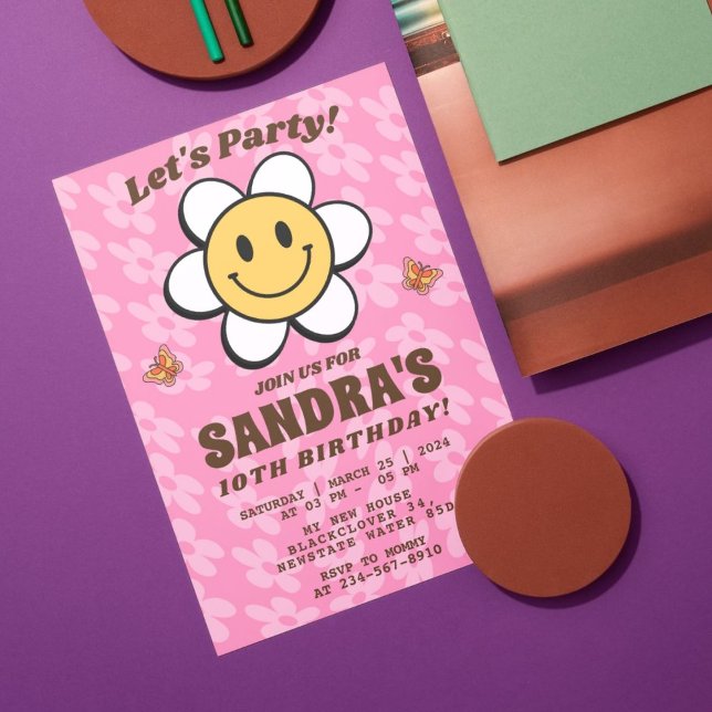 Invitación editable de sonrisa de flor retro (Retro Flower Smile Editable Invitation)