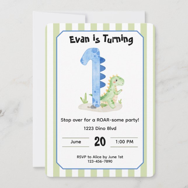 Invitación Editable Dinosaur 1st Birthday Invitation  (Anverso)