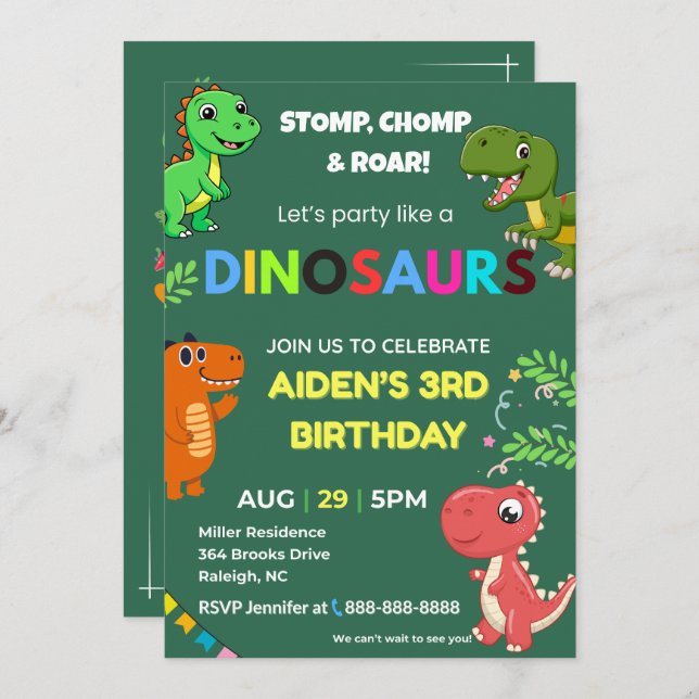 Invitación Editable Dinosaur Birthday Invitation (Anverso / Reverso)