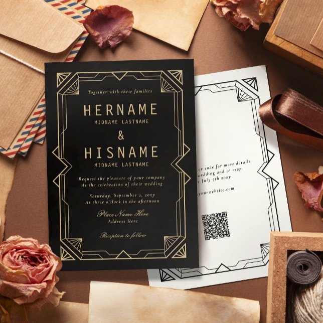 Invitación Editable Elegant Black Art Deco QR RSVP Wedding (Subido por el creador)