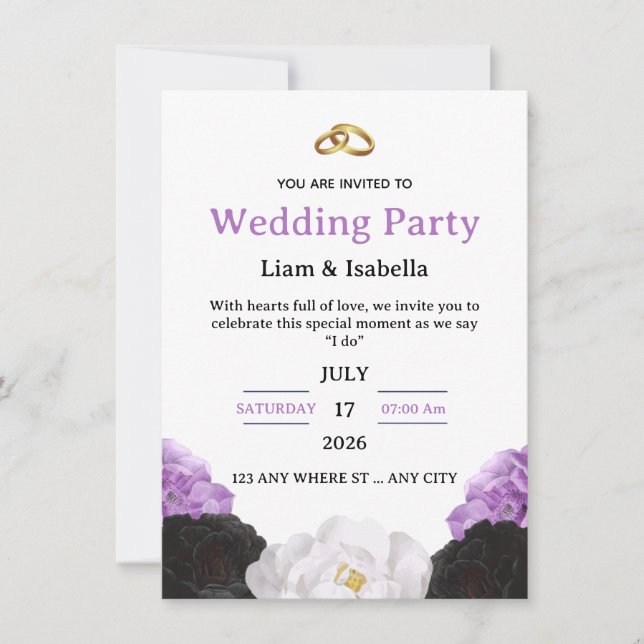 Invitación Editable Elegant Purple Floral Wedding Invitation (Anverso)