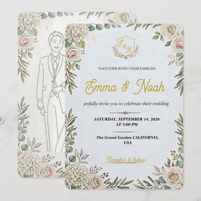 Invitación Editable Elegant Sage Gold Wedding Invitation (Anverso / Reverso)