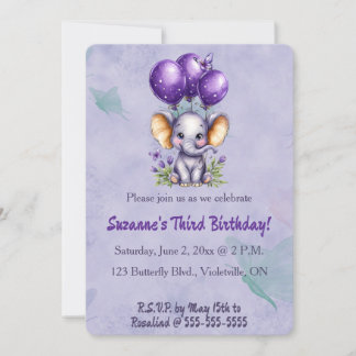 Invitación Editable Elephant Three Balloons and a Butterfly