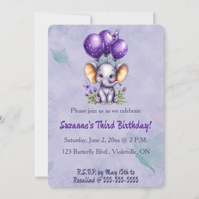 Invitación Editable Elephant Three Balloons and a Butterfly (Anverso)