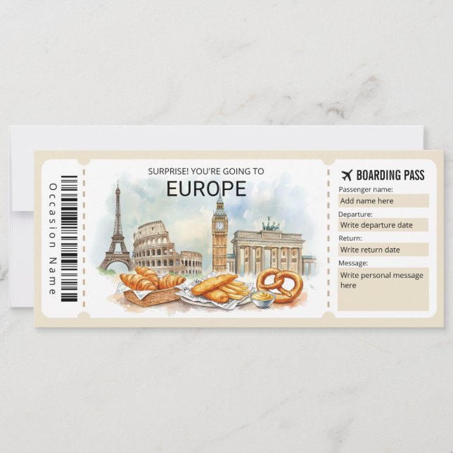 Invitación Editable Europe Trip Boarding Pass Ticket (Anverso)