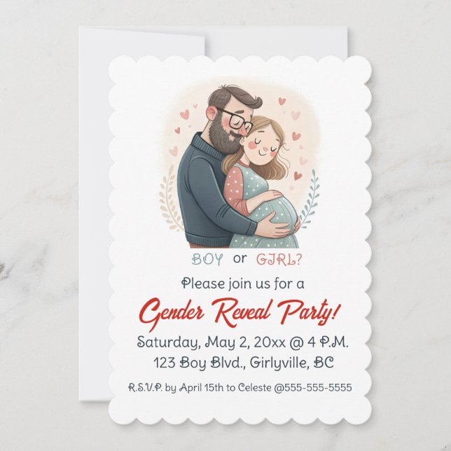 Invitación Editable Expectant Parents Hearts Gender Reveal (Anverso)