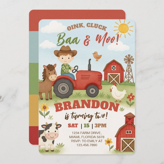 Invitación Editable Farm Animals Birthday  (Anverso / Reverso)