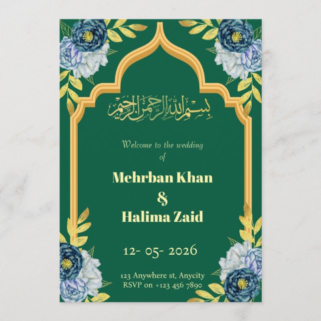 Invitación Editable floral Muslim wedding invitation Green  (Anverso)