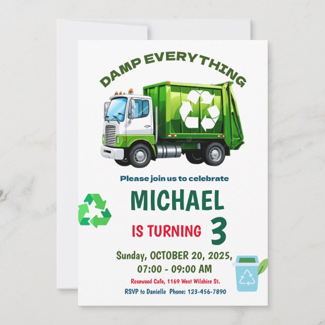 Invitación Editable Garbage Truck Birthday Party Invitation (Anverso)