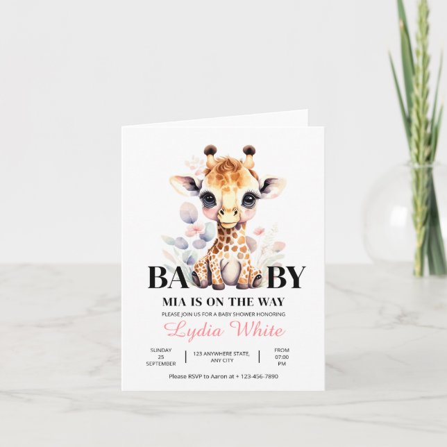 Invitación EDITABLE Giraffe Baby Shower chica ducha de bebé (Anverso)
