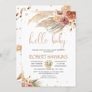 Invitación Editable Grass Pampas, Baby Shower bohemio