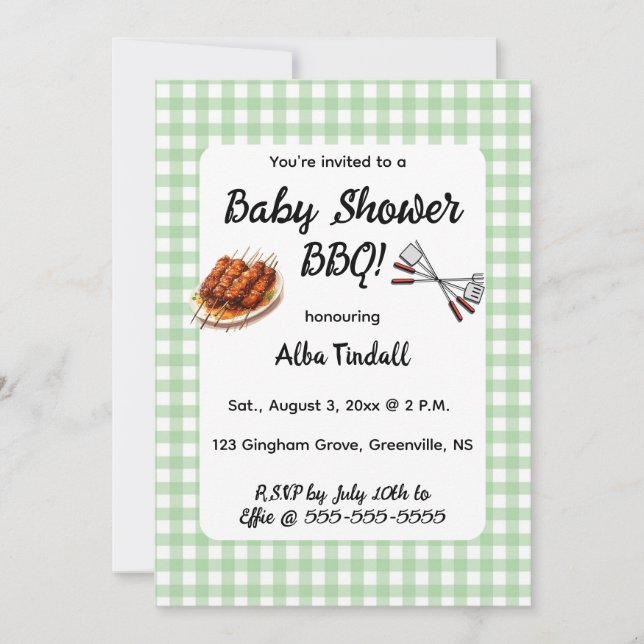 Invitación Editable Green Gingham BBQ Baby Shower (Anverso)