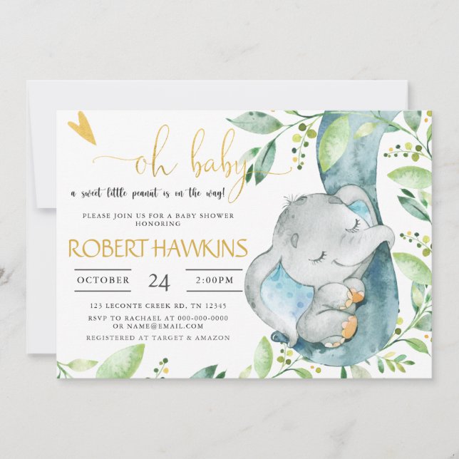 Invitación EDITABLE Greenery Elephant Baby Shower (Anverso)