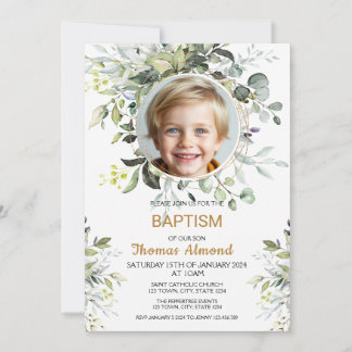 Invitación Editable Greenery Photo Baptism Invitation Boy