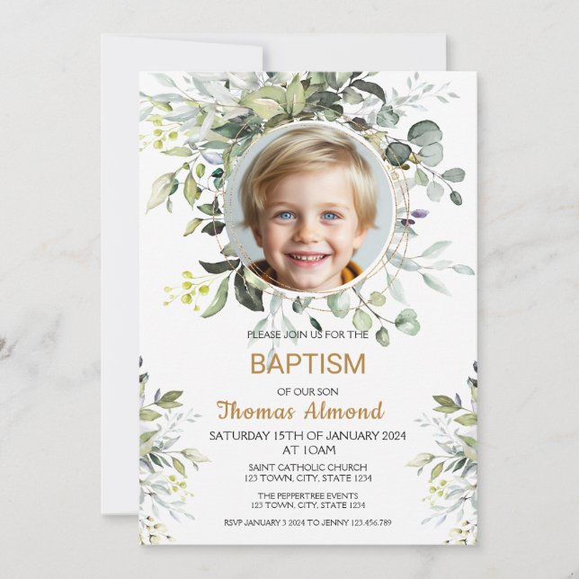 Invitación Editable Greenery Photo Baptism Invitation Boy (Anverso)