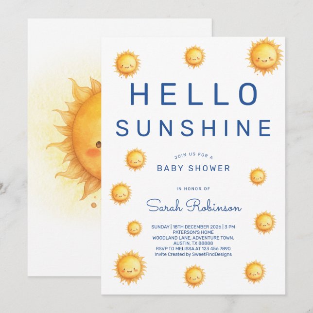 Invitación Editable Hello Sunshine Baby Shower (Anverso / Reverso)