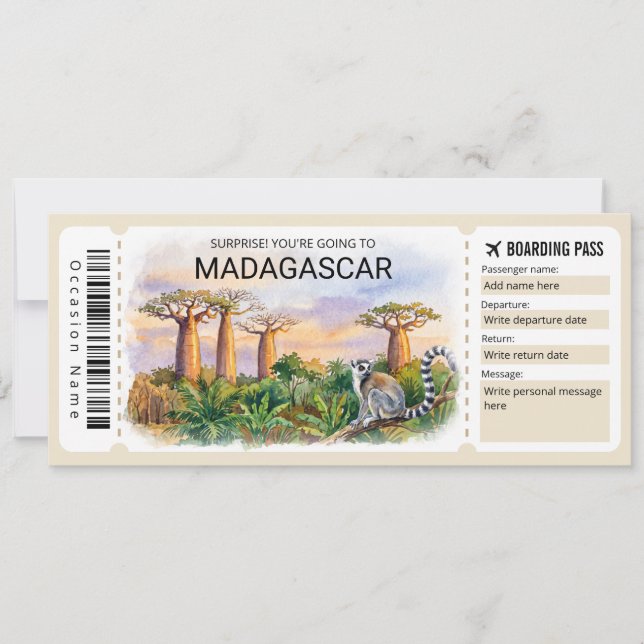 Invitación Editable Madagascar Trip Boarding Pass Ticket (Anverso)