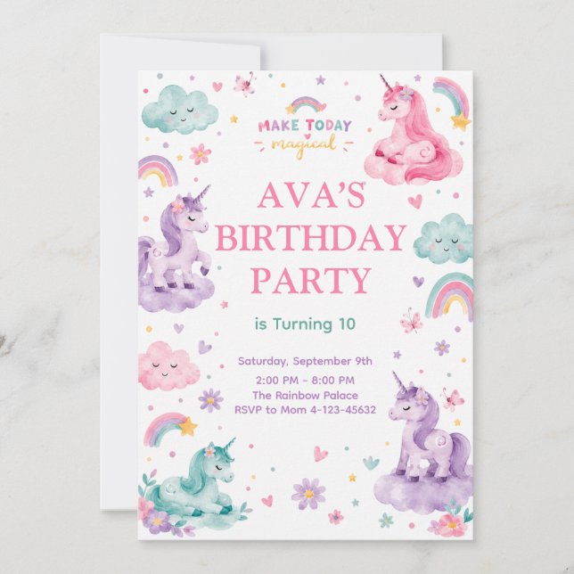 Invitación Editable Magical Unicorn Birthday Card (Anverso)