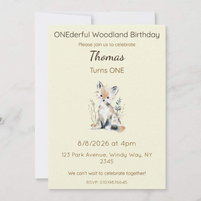 Invitación Editable ONEderful Woodland Birthday (Anverso)