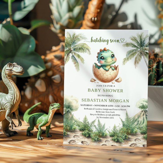 Invitación editable para baby shower de bebé que e (Cute Hatching Soon Dinosaur Baby Shower Invitation)