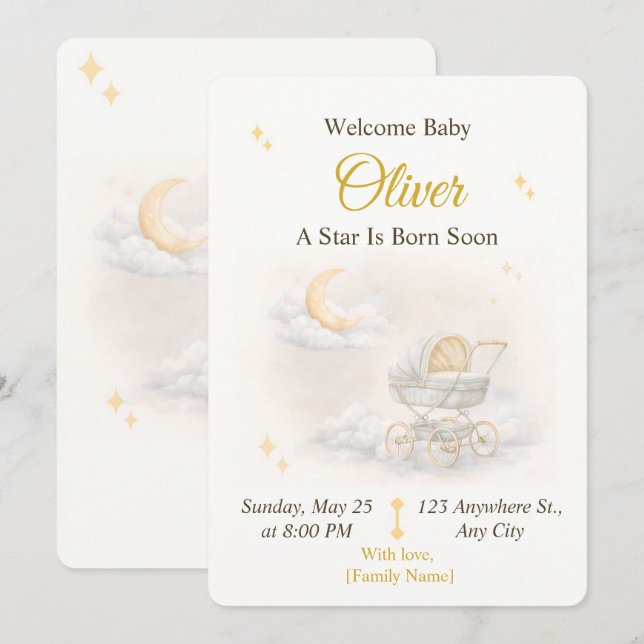 Invitación Editable para Baby Shower de Luna Neutr (Anverso / Reverso)