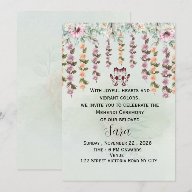 Invitación editable para la ceremonia de Mehndi (Anverso / Reverso)