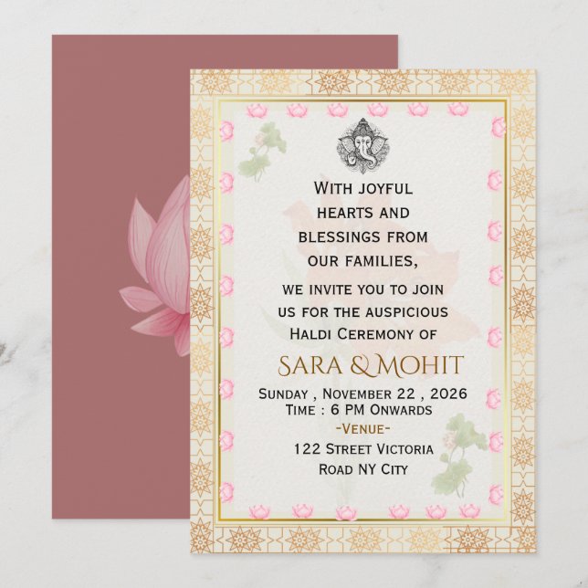 Invitación editable para la ceremonia Haldi de bod (Anverso / Reverso)