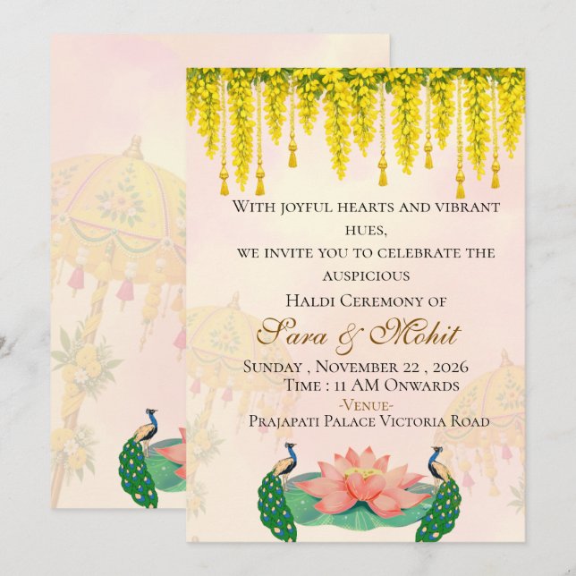 Invitación editable para la ceremonia Haldi de bod (Anverso / Reverso)