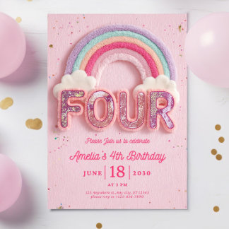 Invitación Editable Rainbow Fourth Birthday Invitation, Pink 
