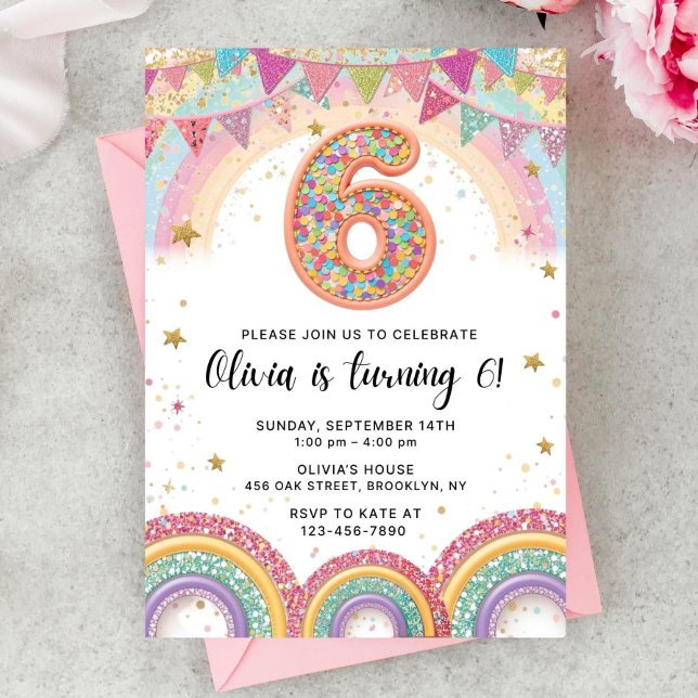 Invitación Editable Rainbow Sequin 6th Birthday Invitation (Subido por el creador)