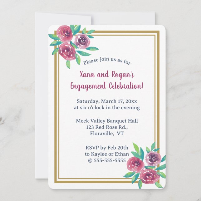 Invitación Editable Romantic Watercolour Roses (Anverso)